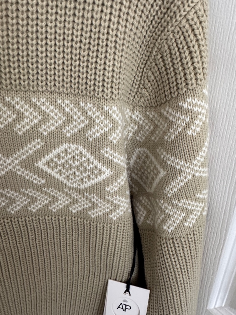 Men’s Half-Zip Knit Sweater in Tan with Cream Pattern - Picture 3 of 9